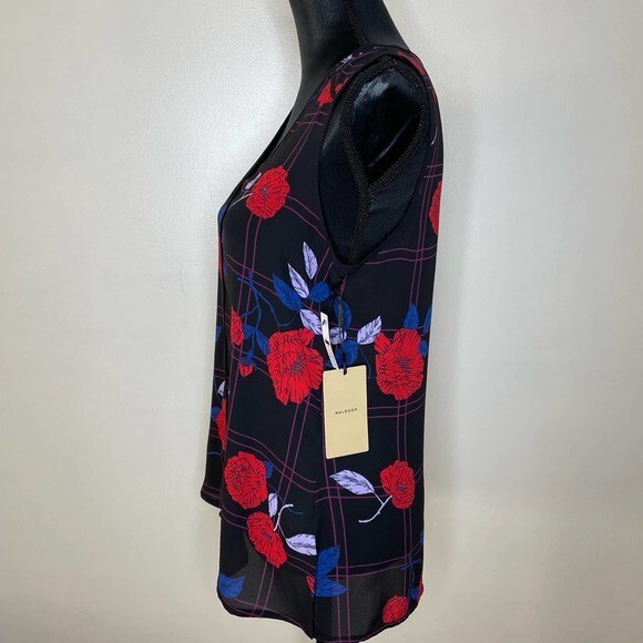 Halogen Top Sheer Floral Sleeveless V Neck Tank New Etta Check Black Size Small - Picture 2 of 8
